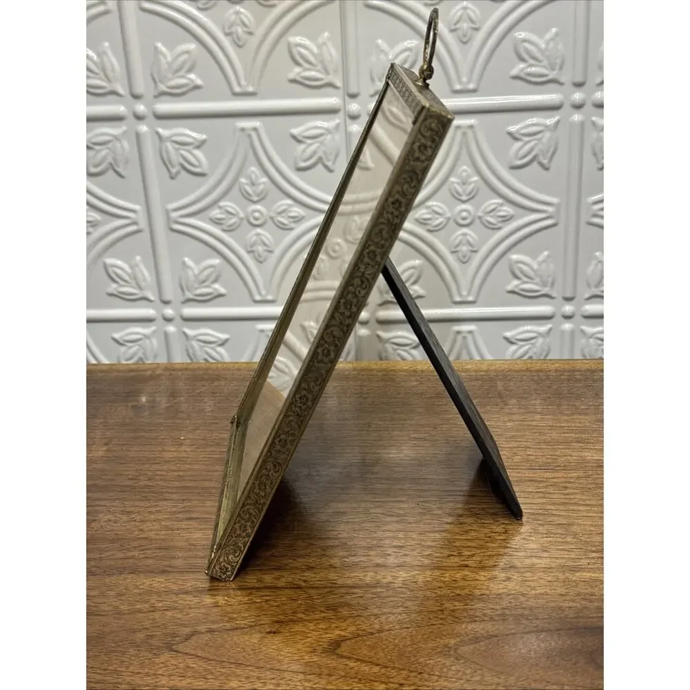Vintage Metal Picture Frame Glass Easel Ornate Design 6.5x9.5 MCM Decor Heavy